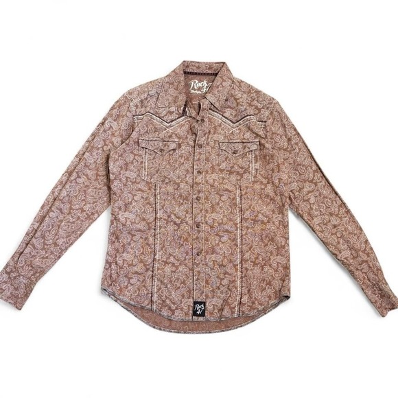 Wrangler Rock 47 Men's Medium Western Brown Paisley Button Up Pearl Snap - Picture 1 of 8